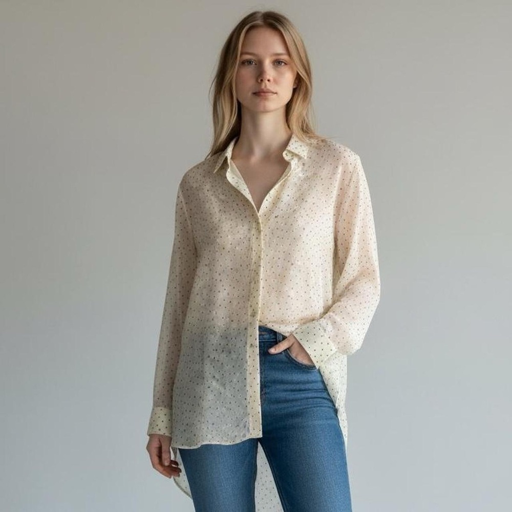 Zara Sheer Polka Dot Long Tunic Button-Down Top